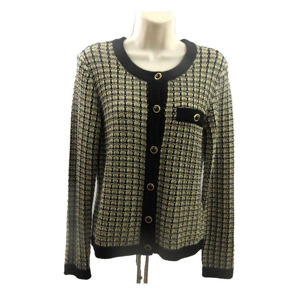 Debbie Morgan Women Cardigan Sweater Size PS Button Front Black Embellished Gold